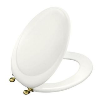 KOHLER Revival Elongated Closed front Toilet Seat with New England Brass Hinge in White DISCONTINUED K 4615 BR 0