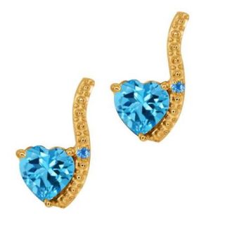 1.13 Ct Heart Shape Swiss Blue Topaz Gemstone 18k Yellow Gold Earrings