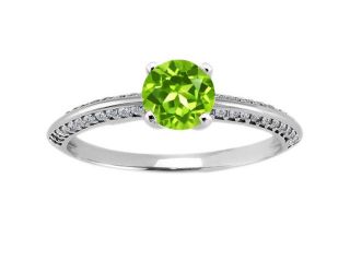 0.94 Ct Round Green Peridot Diamond 18K White Gold Ring 