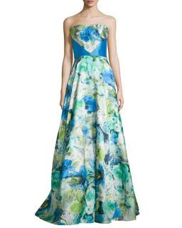 Theia Strapless Floral Ball Gown, Azure