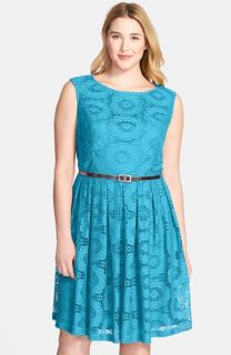 London Times Belted Crochet Lace Fit & Flare Dress (Plus Size)