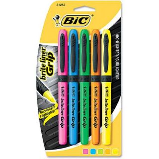 BIC Brite Liner Grip Highlighter, Assorted Fluorescent Colors, Set of 5