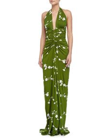 Michael Kors Sleeveless Floral Print Ruched Gown, Grass/Optic White