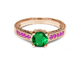 1.18 Ct Round Green Nano Emerald Pink Sapphire 925 Rose Gold Plated Silver Ring 