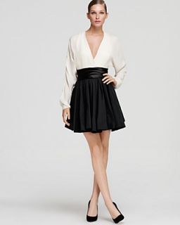 Halston Heritage Long Sleeve Dress   Silk Taffeta Flared Skirt