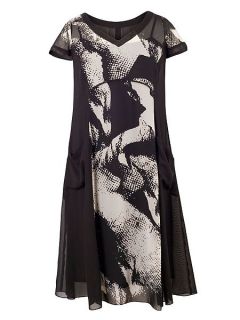 Chesca Plus Size Abstract Print Chiffon Lined Dress Black & Ivory