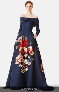 Carolina Herrera Floral Bouquet Portrait Collar Faille Gown (In Store Only)