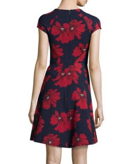 Lela Rose Blair Cap Sleeve Floral Print Dress, Navy/Poppy