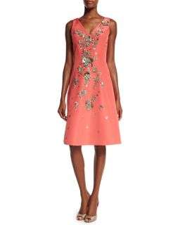 Carolina Herrera Sleeveless Floral Embellished Dress, Coral