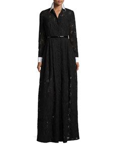 Carmen Marc Valvo Long Sleeve Lace Belted Gown
