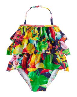 Ralph Lauren Childrenswear Floral Print Tiered Halter Swimsuit, Navy/Multicolor, Size 6 24 Months
