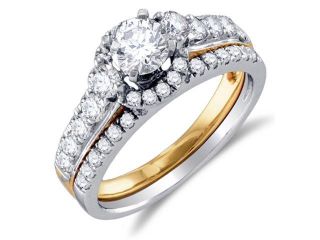 14K White and Yellow Two Tone Gold Large Diamond Halo Engagement Ring with Matching Wedding Band Two 2 Ring Set   Solitaire Setting w/ Channel Set Round Diamonds (1.35 cttw, 2/5 ct Center, G H, SI2) 