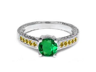 1.20 Ct Round Green Nano Emerald Yellow Citrine 925 Sterling Silver Ring 