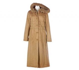 Anne Klein Faux Shearling Long Coat with Faux Fur Trimmed Hood —