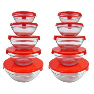 Alpine Cuisine 5 piece Nesting Glass Bowl Set with Red Lids (Pack of 2