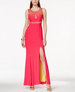 Betsy & Adam Sleeveless Embellished Illusion Gown   Dresses   Women