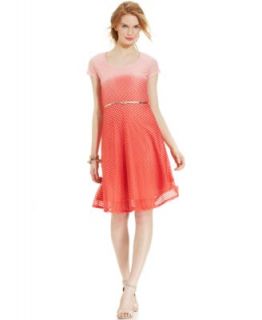 NY Collection Petite Short Sleeve Belted Crochet A Line Dress