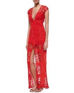 For Love & Lemons Mariposa Cap Sleeve Lace Maxi Dress, Hot Red