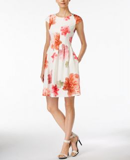 Calvin Klein Cap Sleeve Floral Print Scuba Fit & Flare Dress   Dresses