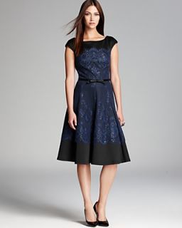 Tadashi Shoji Lace Print Belted Dress   Cap Sleeve