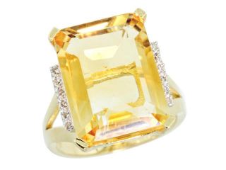 10k Yellow Gold Diamond Citrine Ring 12 ct Emerald Cut 16x12 stone 3/4 inch wide, sizes 5 10