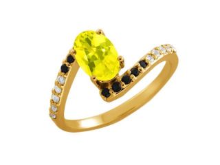 1.19 Ct Oval Canary Mystic Topaz Black Diamond 18K Yellow Gold Ring