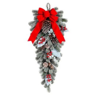 Home Accents Holiday 32 in. Snowy Pine Teardrop with Pinecones Berries and Red Velvet Bow 2321050HD
