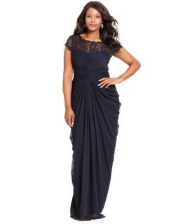 Adrianna Papell Plus Size Dress, Short Sleeve Illusion Lace Pleat Gown